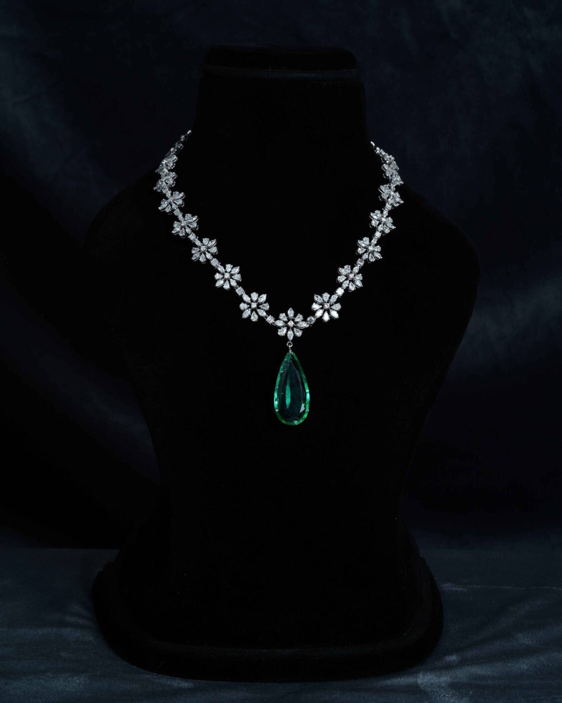 Floral Lab-Grown Diamond Necklace with Emerald Teardrop Pendant